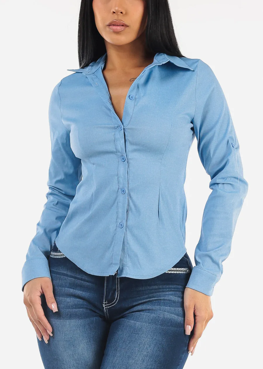 Long Sleeve Button Up Blue Fitted Blouse sold by Moda product image thumbnail 3