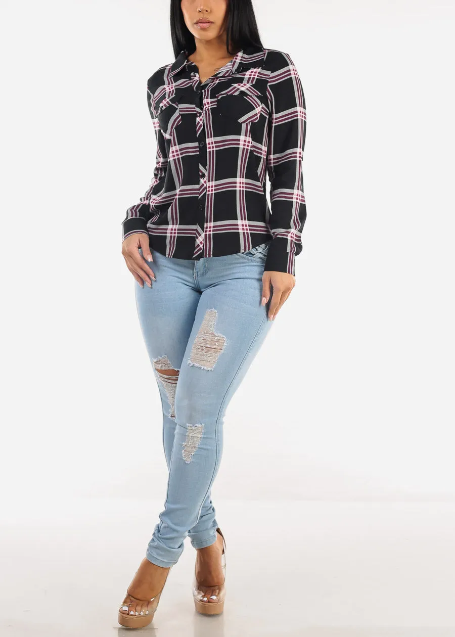 Long Sleeve Button Down Plaid Blouse Black sold by Moda product image thumbnail 2