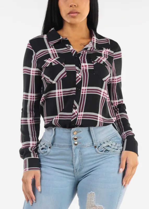 Long Sleeve Button Down Plaid Blouse Black sold by Moda