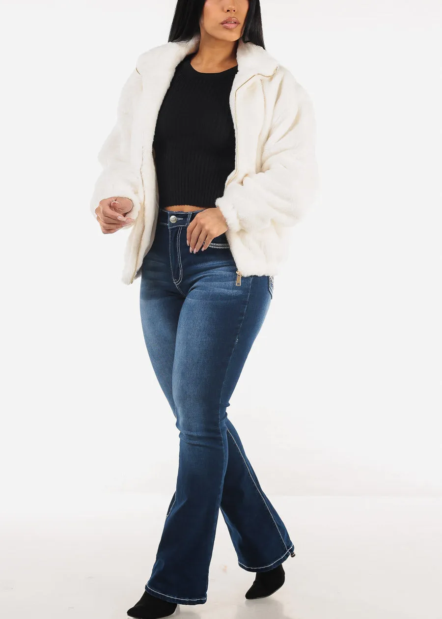 White Long Sleeve Zip Up Faux Fur Collared Jacket sold by Moda product image thumbnail 4