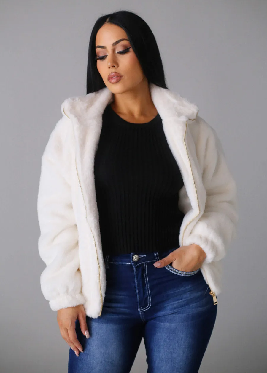 White Long Sleeve Zip Up Faux Fur Collared Jacket sold by Moda