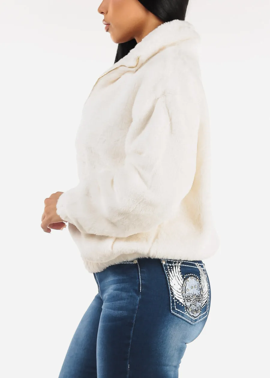 White Long Sleeve Zip Up Faux Fur Collared Jacket sold by Moda product image thumbnail 5