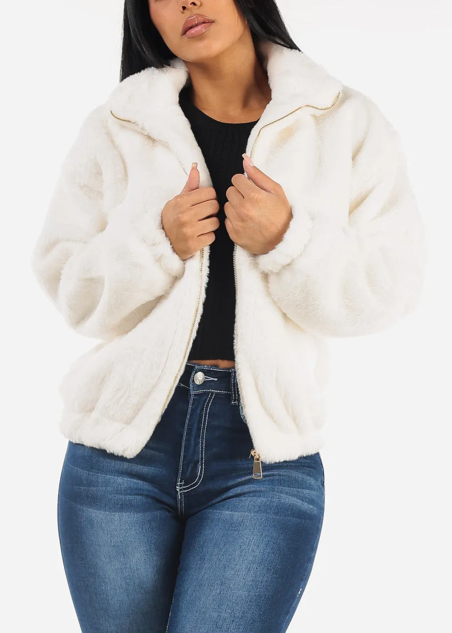 White Long Sleeve Zip Up Faux Fur Collared Jacket sold by Moda product image thumbnail 3