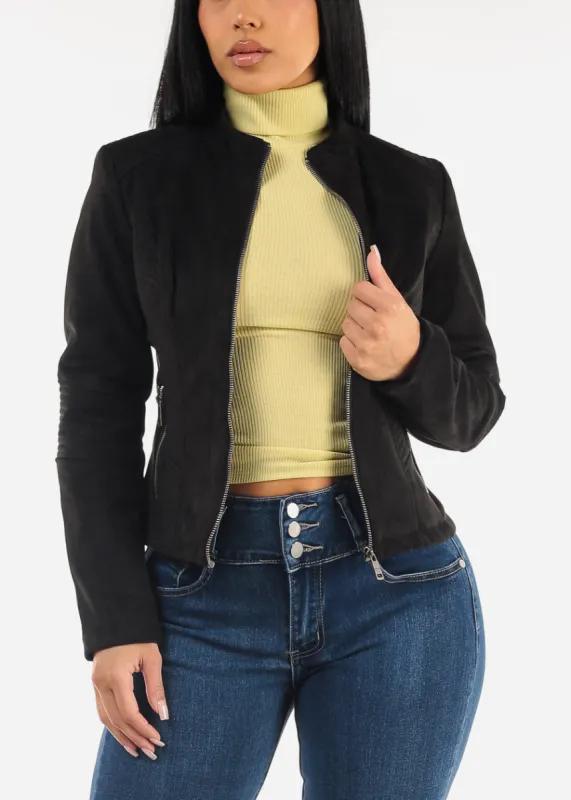 Long Sleeve Suede Zip Up Black Jacket sold by Moda