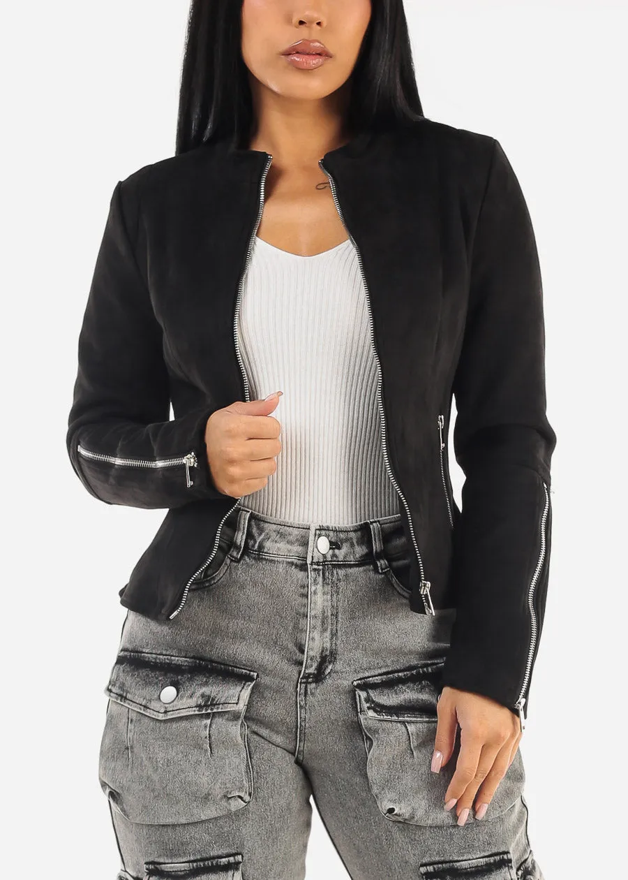 Black Zip Up Long Sleeve Suede Jacket sold by Moda
