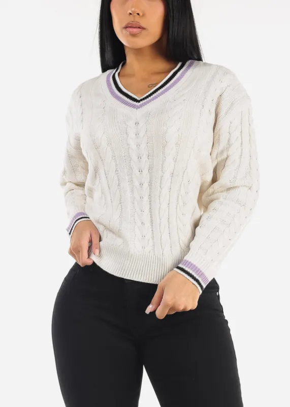 Long Sleeve V-Neck Cable Knit Sweater Ivory sold by Moda
