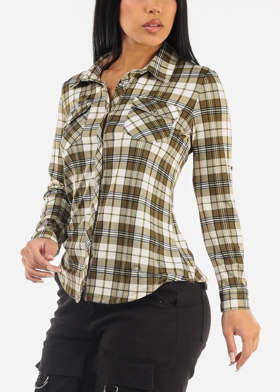 Long Sleeve Button Up Plaid Shirt Olive sold by Moda