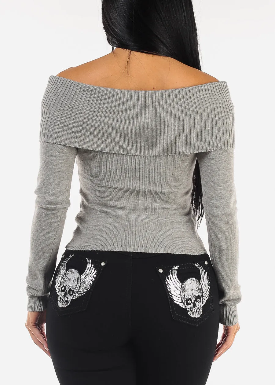 Off Shoulder Ribbed Sweater Top Grey sold by Moda product image thumbnail 4