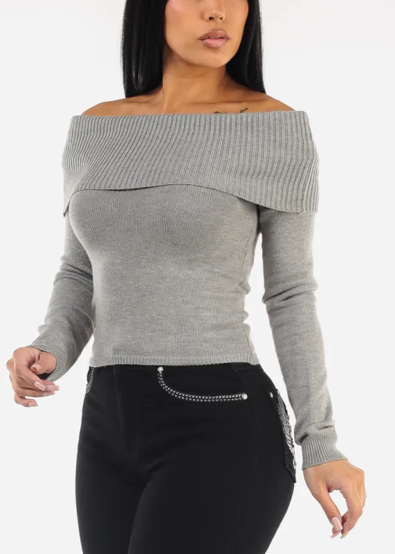 Off Shoulder Ribbed Sweater Top Grey sold by Moda
