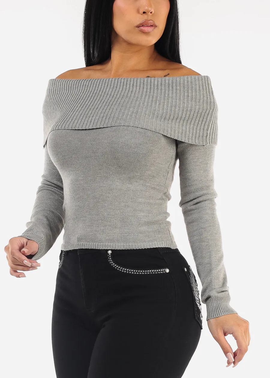 Off Shoulder Ribbed Sweater Top Grey sold by Moda