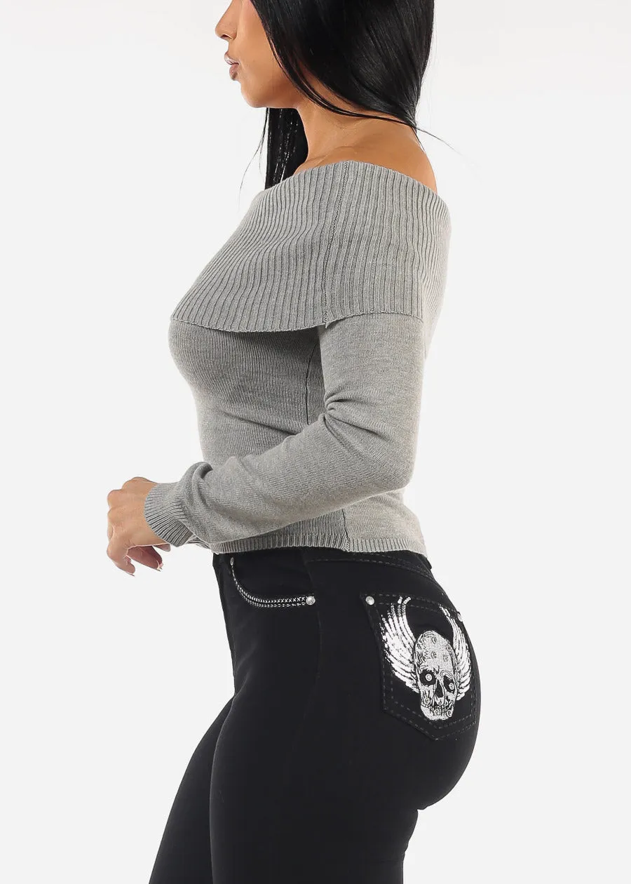 Off Shoulder Ribbed Sweater Top Grey sold by Moda product image thumbnail 3