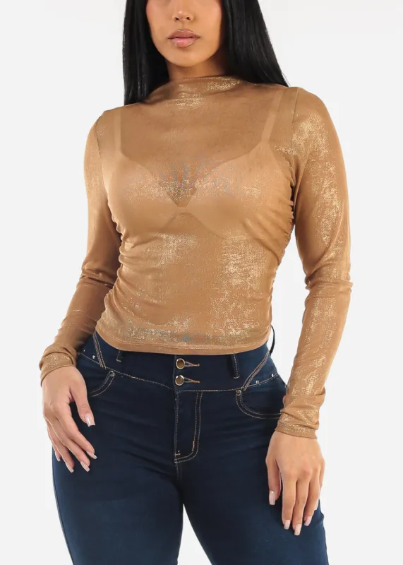 Long Sleeve Glittery Shirred Mesh Top Taupe sold by Moda