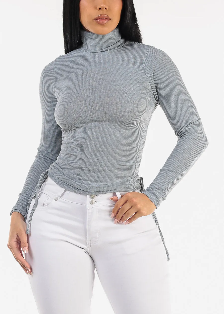 Long Sleeve Turtleneck Side Ruched Sweater Top Blue Grey sold by Moda