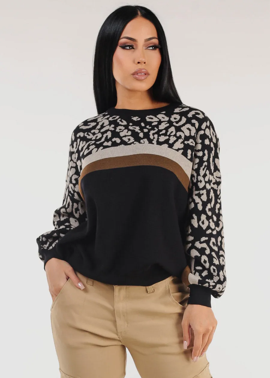 Round Neck Long Sleeve Animal Print Black Sweater sold by Moda