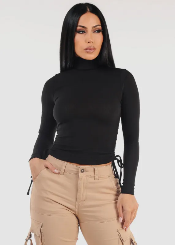 Long Sleeve Black Turtleneck Side Ruched Sweater Top sold by Moda