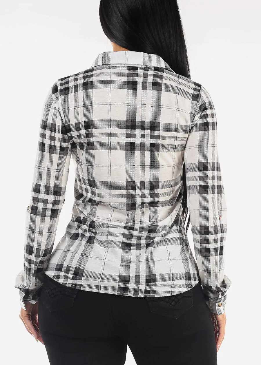 Long Sleeve Button Up Plaid Blouse Ivory & Black sold by Moda product image thumbnail 4