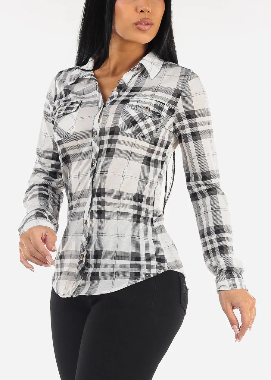Long Sleeve Button Up Plaid Blouse Ivory & Black sold by Moda