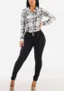 Long Sleeve Button Up Plaid Blouse Ivory & Black sold by Moda