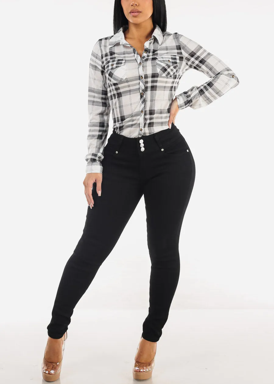 Long Sleeve Button Up Plaid Blouse Ivory & Black sold by Moda product image thumbnail 2