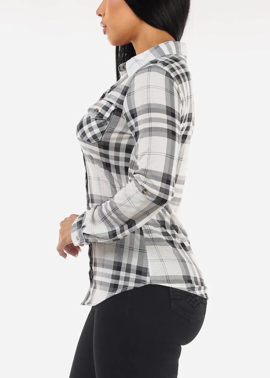 Long Sleeve Button Up Plaid Blouse Ivory & Black sold by Moda product image thumbnail 3