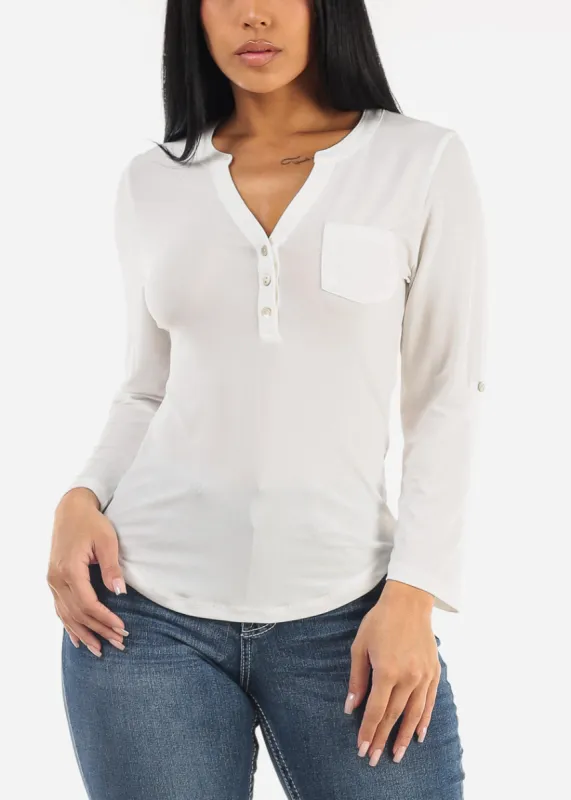 Long Sleeve Henley Blouse White sold by Moda