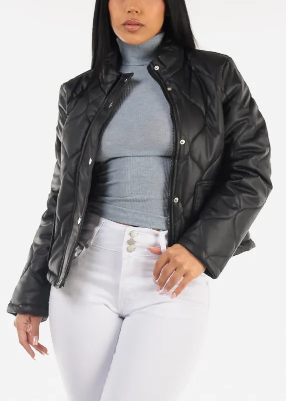 Mock Neck Quilted Puffer Jacket Black sold by Moda