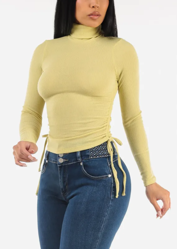 Long Sleeve Turtleneck Side Ruched Sweater Top Light Green sold by Moda