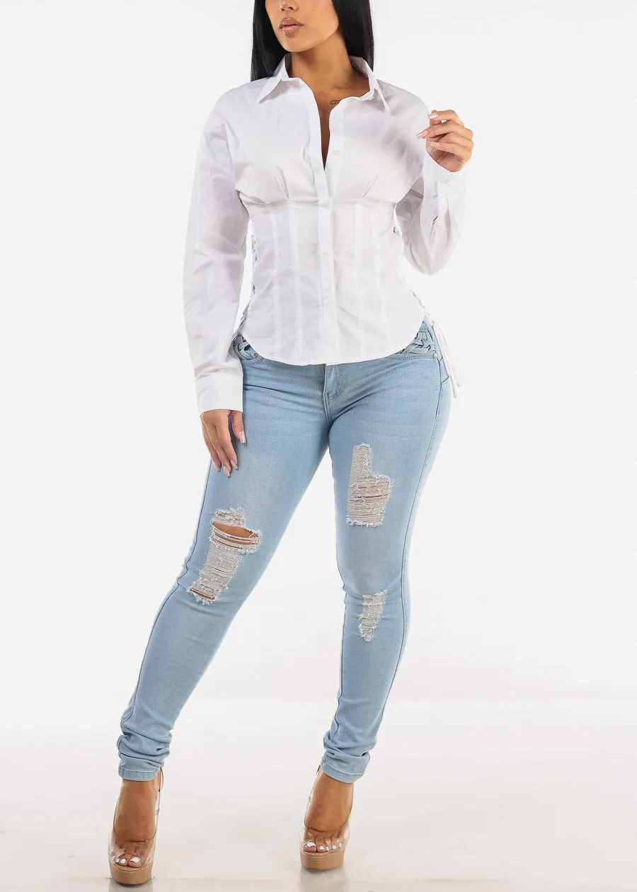 White Button Down Lace Up Blouse sold by Moda product image thumbnail 2