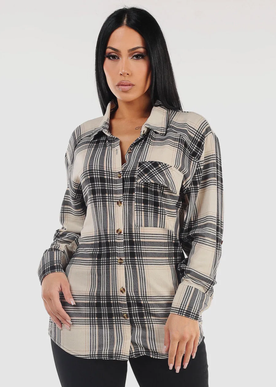 Oversized Plaid Button Down Shacket Ivory & Black sold by Moda