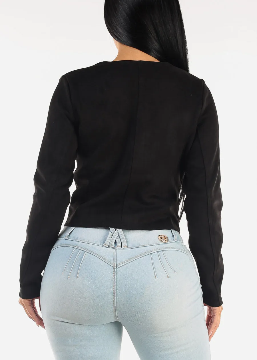 Black Long Sleeve Suede Crop Moto Jacket sold by Moda product image thumbnail 4