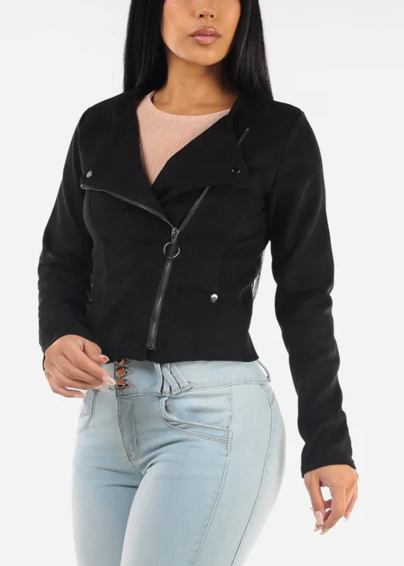 Black Long Sleeve Suede Crop Moto Jacket sold by Moda