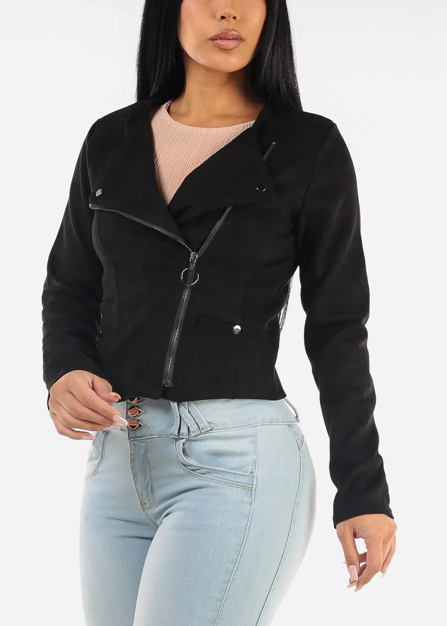 Black Long Sleeve Suede Crop Moto Jacket sold by Moda