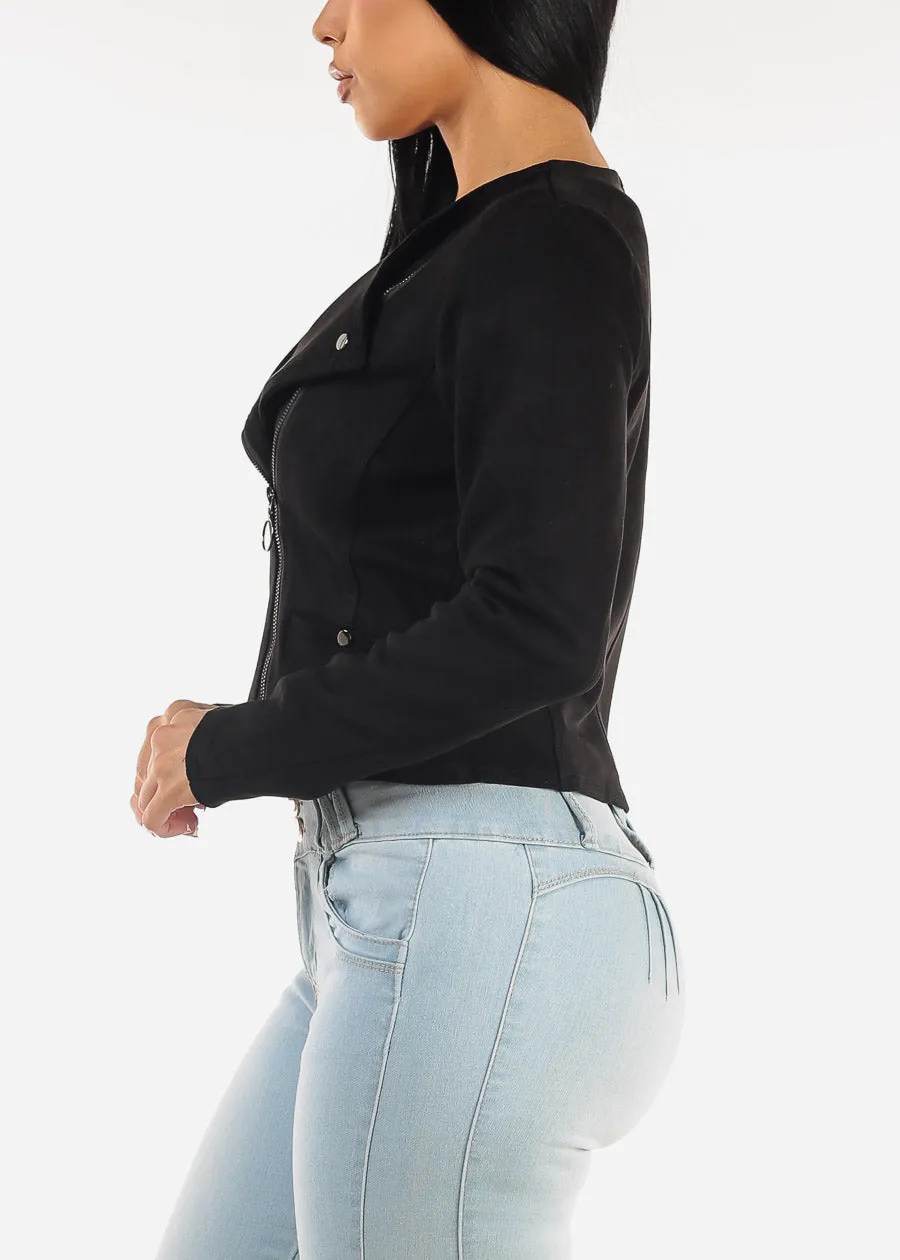 Black Long Sleeve Suede Crop Moto Jacket sold by Moda product image thumbnail 3