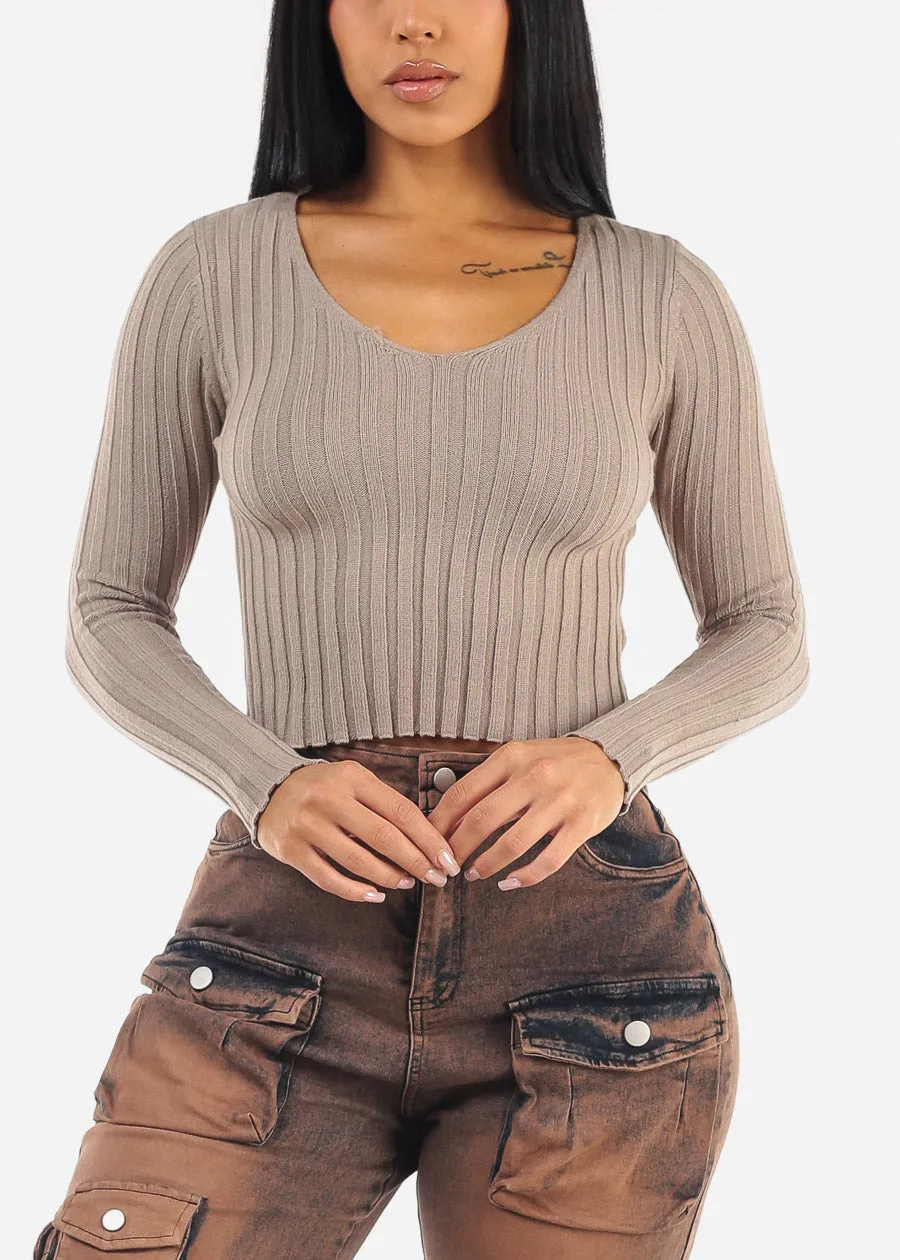 Vneck Long Sleeve Cropped Sweater Mocha sold by Moda