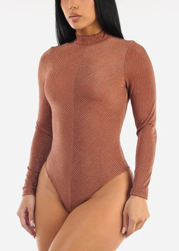 Mock Neck Glittery Thong Bodysuit Mocha sold by Moda
