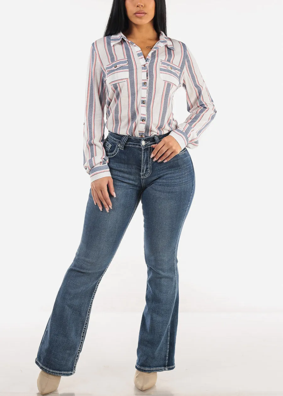 Long Sleeve Button Up Stripe Shirt White & Blue sold by Moda product image thumbnail 2