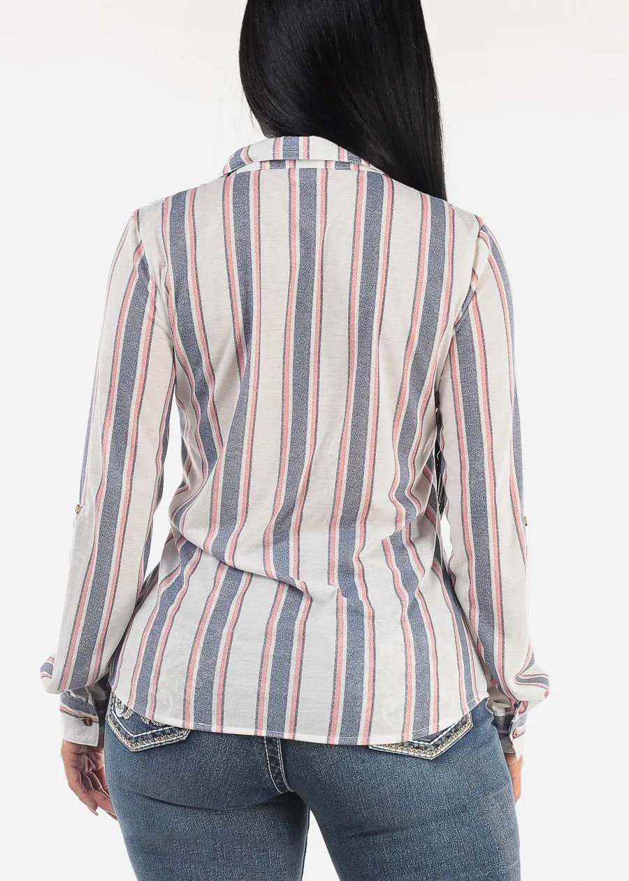 Long Sleeve Button Up Stripe Shirt White & Blue sold by Moda product image thumbnail 4