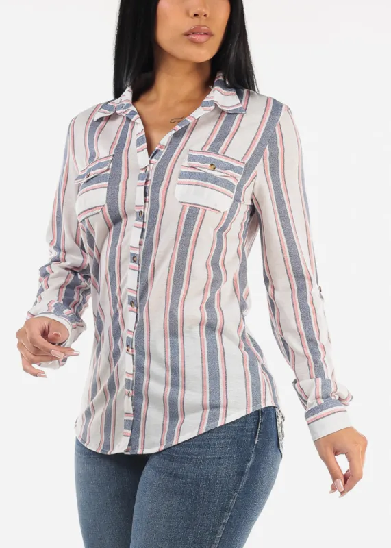 Long Sleeve Button Up Stripe Shirt White & Blue sold by Moda