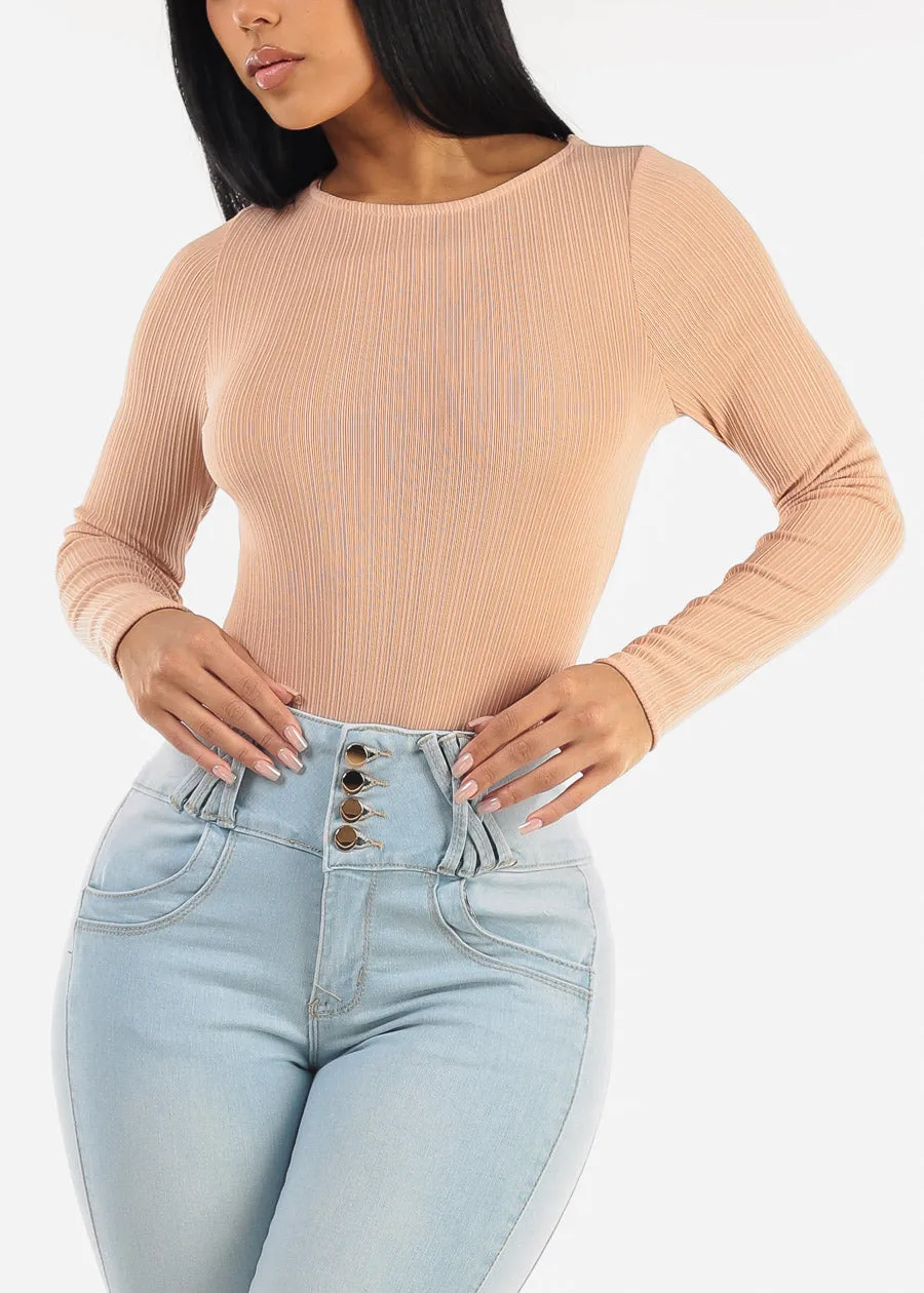 Round Neck Long Sleeve Thong Bodysuit Tan sold by Moda product image thumbnail 5