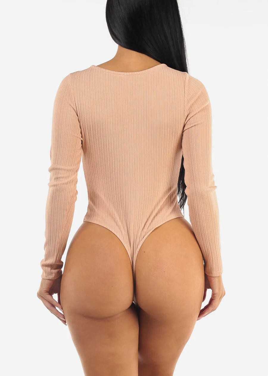 Round Neck Long Sleeve Thong Bodysuit Tan sold by Moda product image thumbnail 4