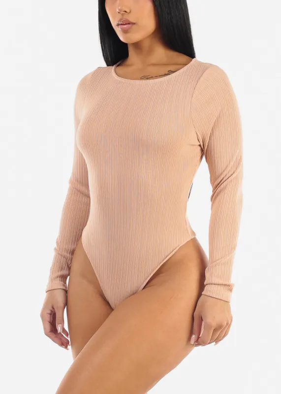 Round Neck Long Sleeve Thong Bodysuit Tan sold by Moda