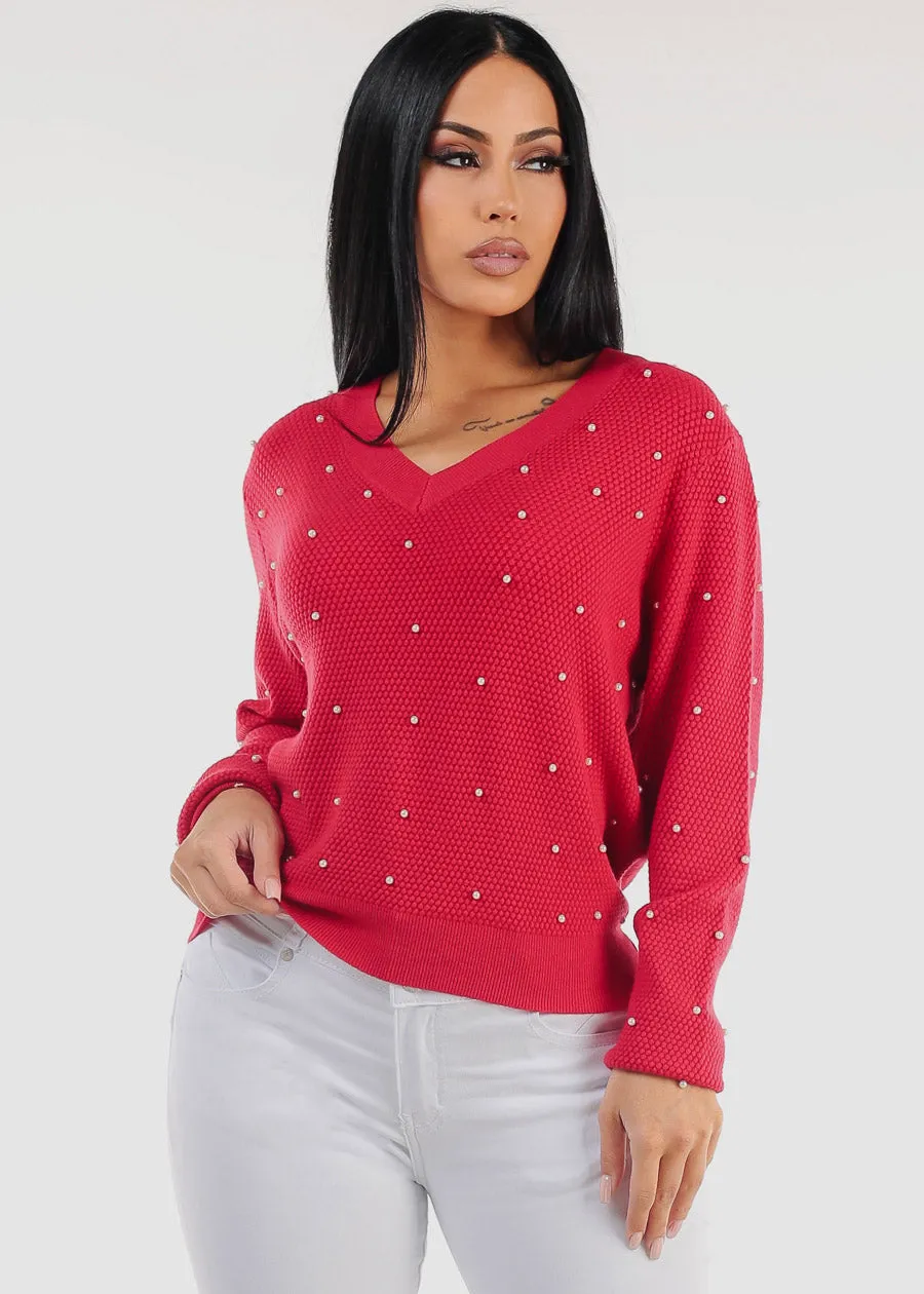 Long Sleeve Vneck Red Pearl Sweater sold by Moda