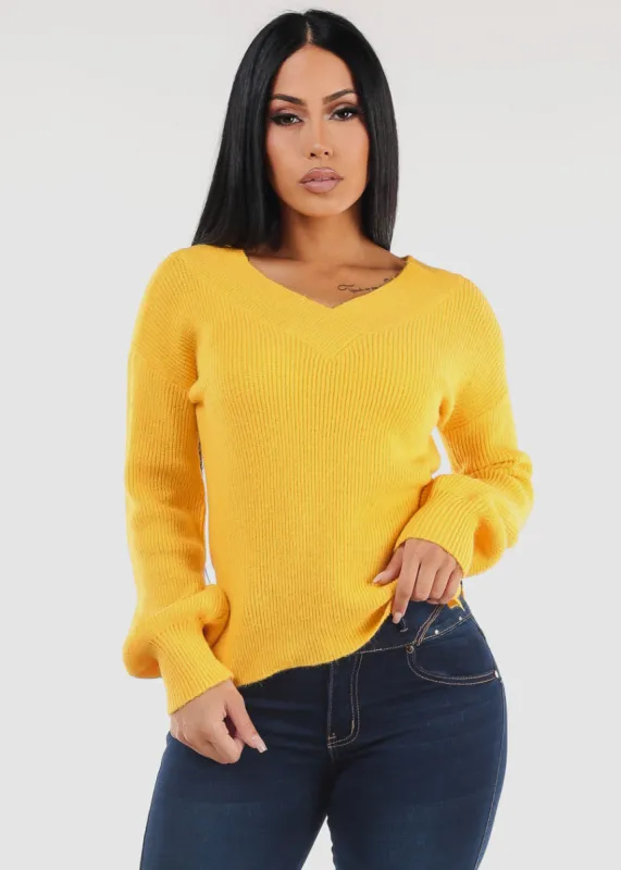 V-Neck Long Sleeve Knitted Sweater Yellow sold by Moda