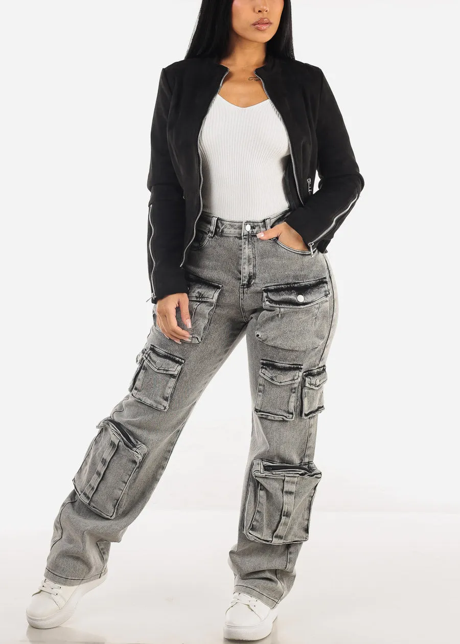 High Waist Acid Wash Utility Cargo Jeans Black sold by Moda product image thumbnail 2