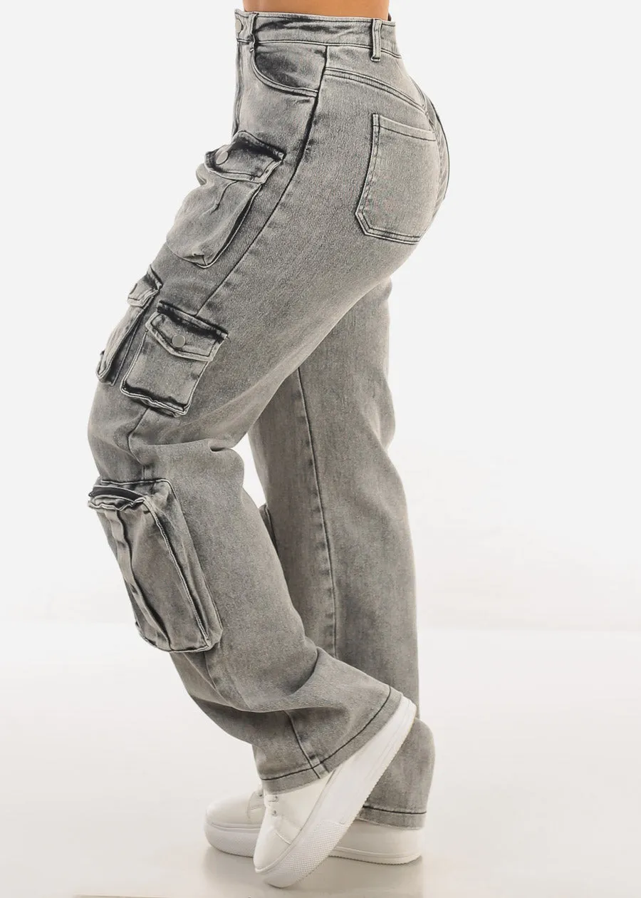 High Waist Acid Wash Utility Cargo Jeans Black sold by Moda product image thumbnail 3