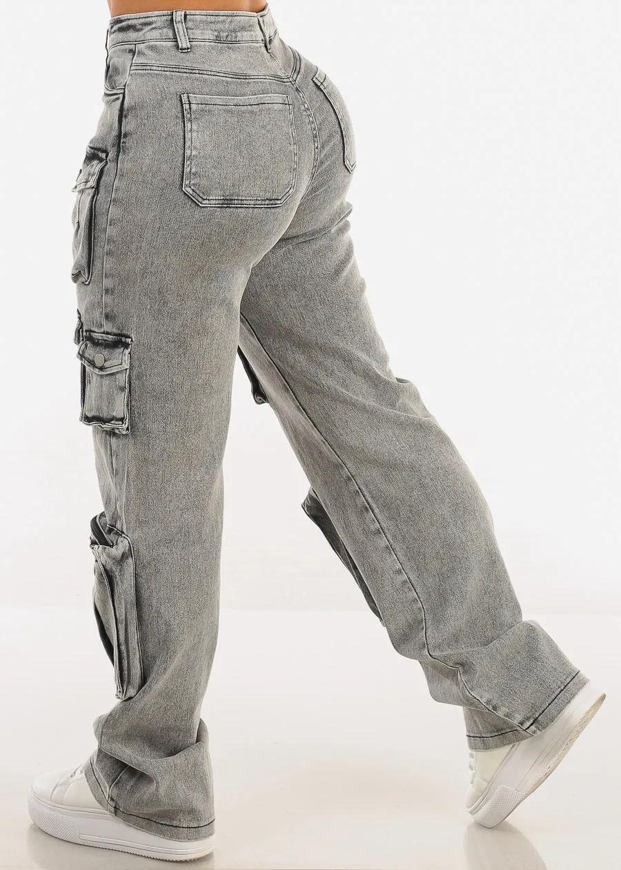 High Waist Acid Wash Utility Cargo Jeans Black sold by Moda product image thumbnail 4