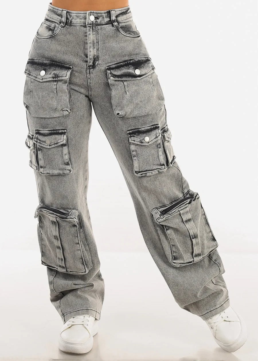 High Waist Acid Wash Utility Cargo Jeans Black sold by Moda