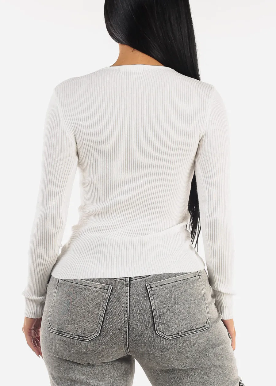 White Long Sleeve Vneck Ribbed Sweater sold by Moda product image thumbnail 4