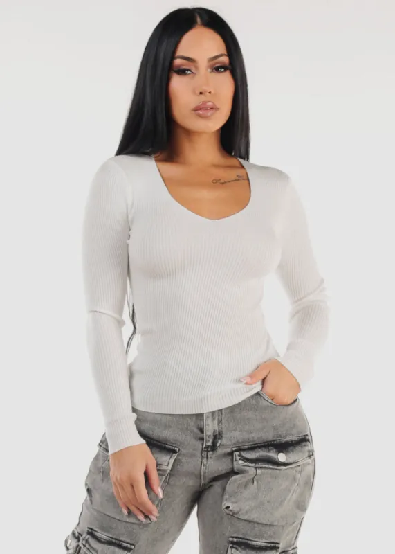 White Long Sleeve Vneck Ribbed Sweater sold by Moda