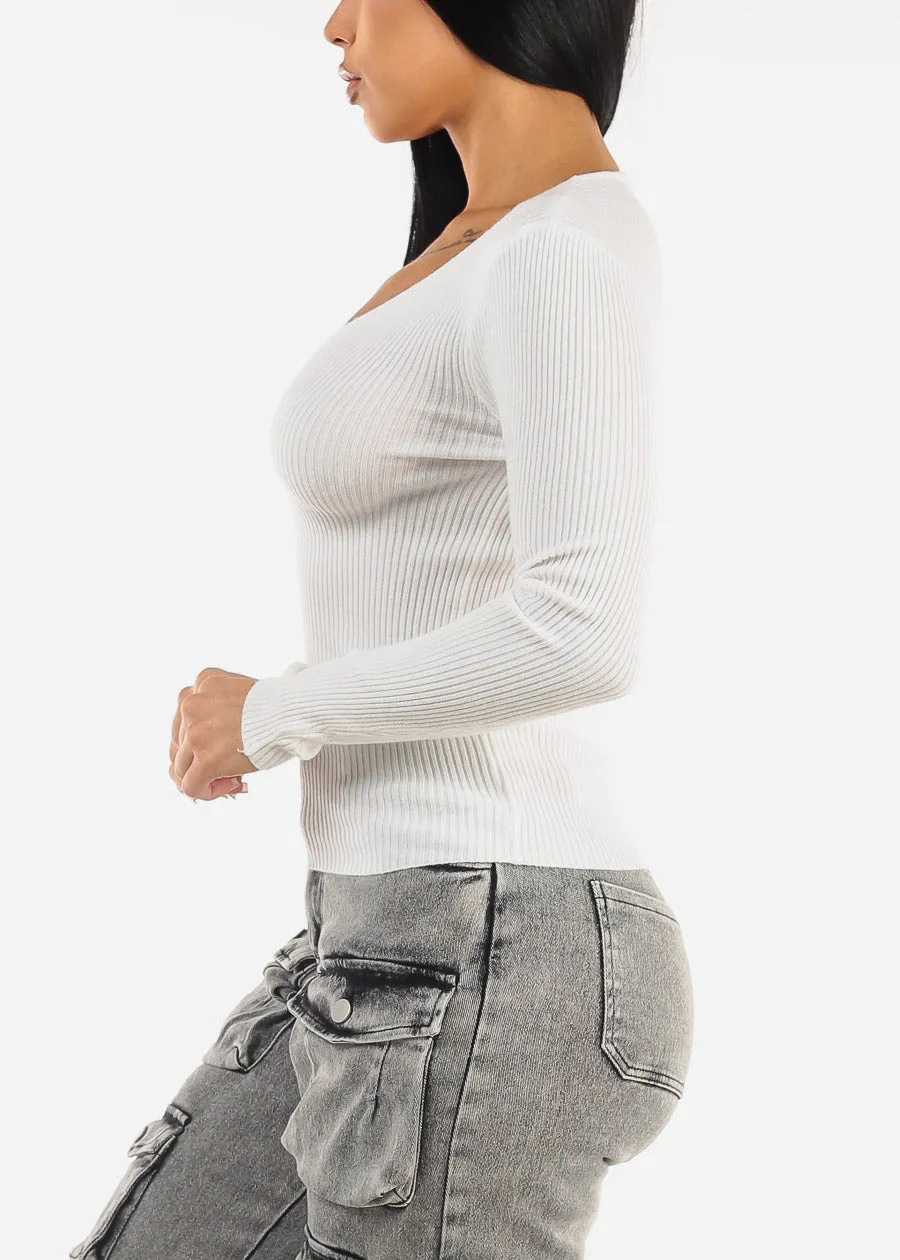 White Long Sleeve Vneck Ribbed Sweater sold by Moda product image thumbnail 3